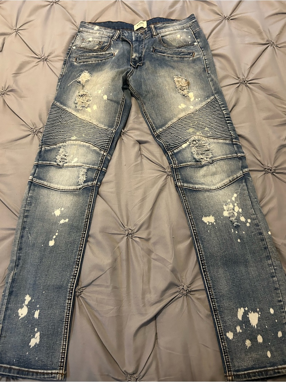 Slim Straight Distressed Blue Men's Jeans with Moto Detailing